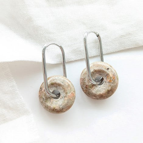 Heavin Creolen Naturstein "Beige Marble" Silber