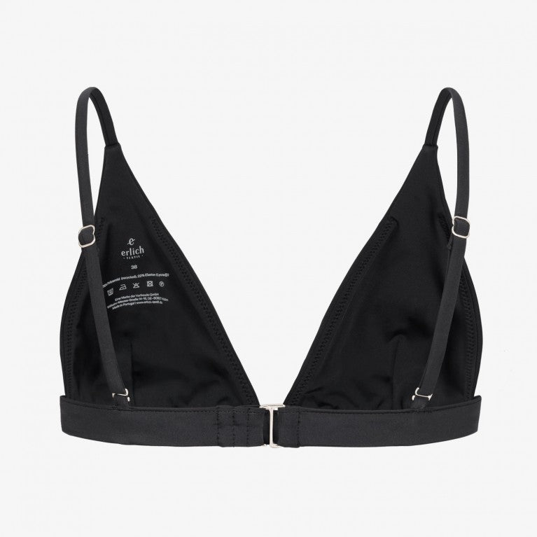 Schwarzer Triangel-BH mit verstellbaren Trägern und einem Hakenverschluss auf weißem Hintergrund.