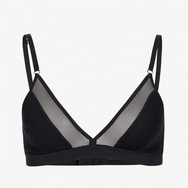 Schwarzer BH mit dünnen Trägern und transparenten Mesh-Einsätzen auf weißem Hintergrund.