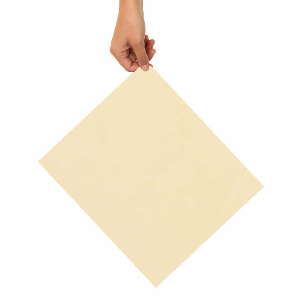 Eine Hand hält ein beiges quadratisches Blatt Papier an einer Ecke vor weißem Hintergrund.