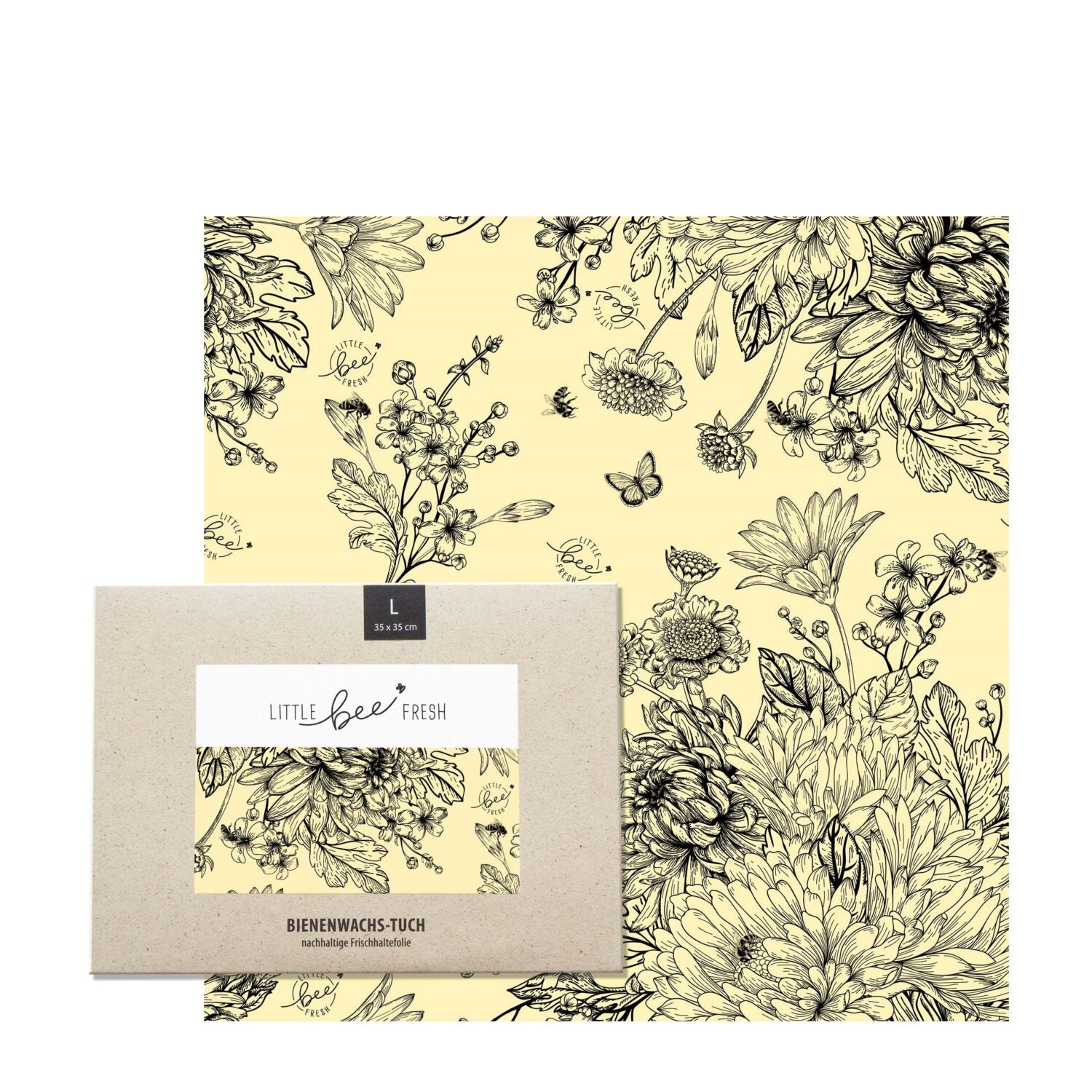 little bee fresh Bio-Bienenwachstuch Größe L Blumenwiese schwarz-weiß