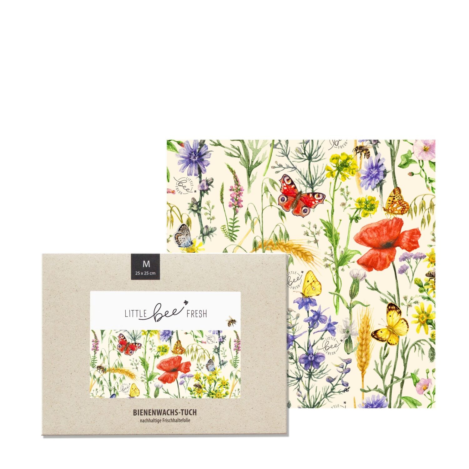 Bienenwachstuch mit buntem Blumen- und Schmetterlingsmuster, verpackt in einer umweltfreundlichen Kartonhülle.