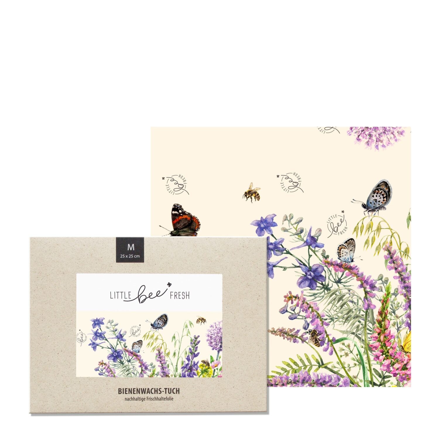 Verpackung und Bienenwachstuch mit Schmetterlings- und Blumenmotiv, versehen mit der Aufschrift "Little bee fresh".