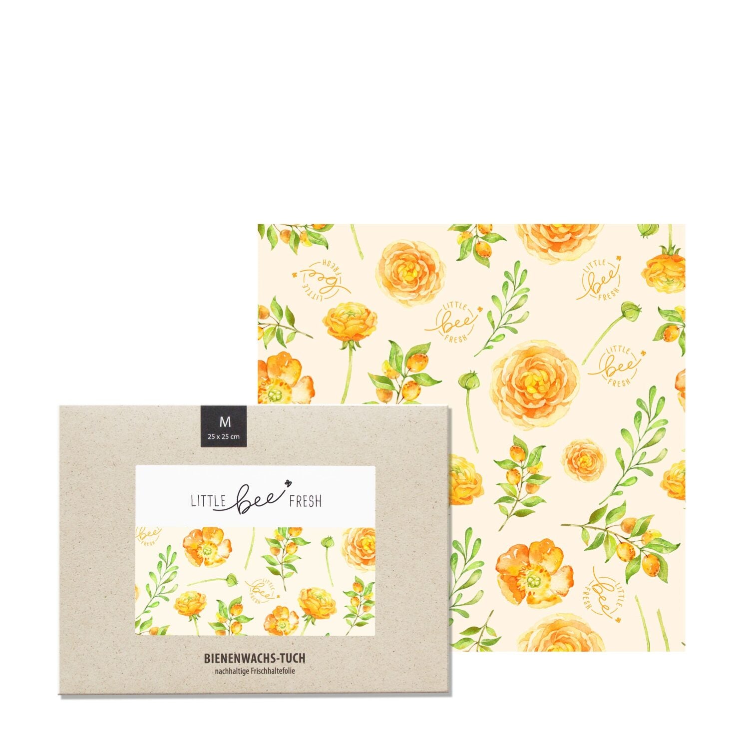 Bienenwachstuch mit gelben Blumenmuster, in Verpackung mit Etikett "Little Bee Fresh" und nachhaltiger Hinweis.