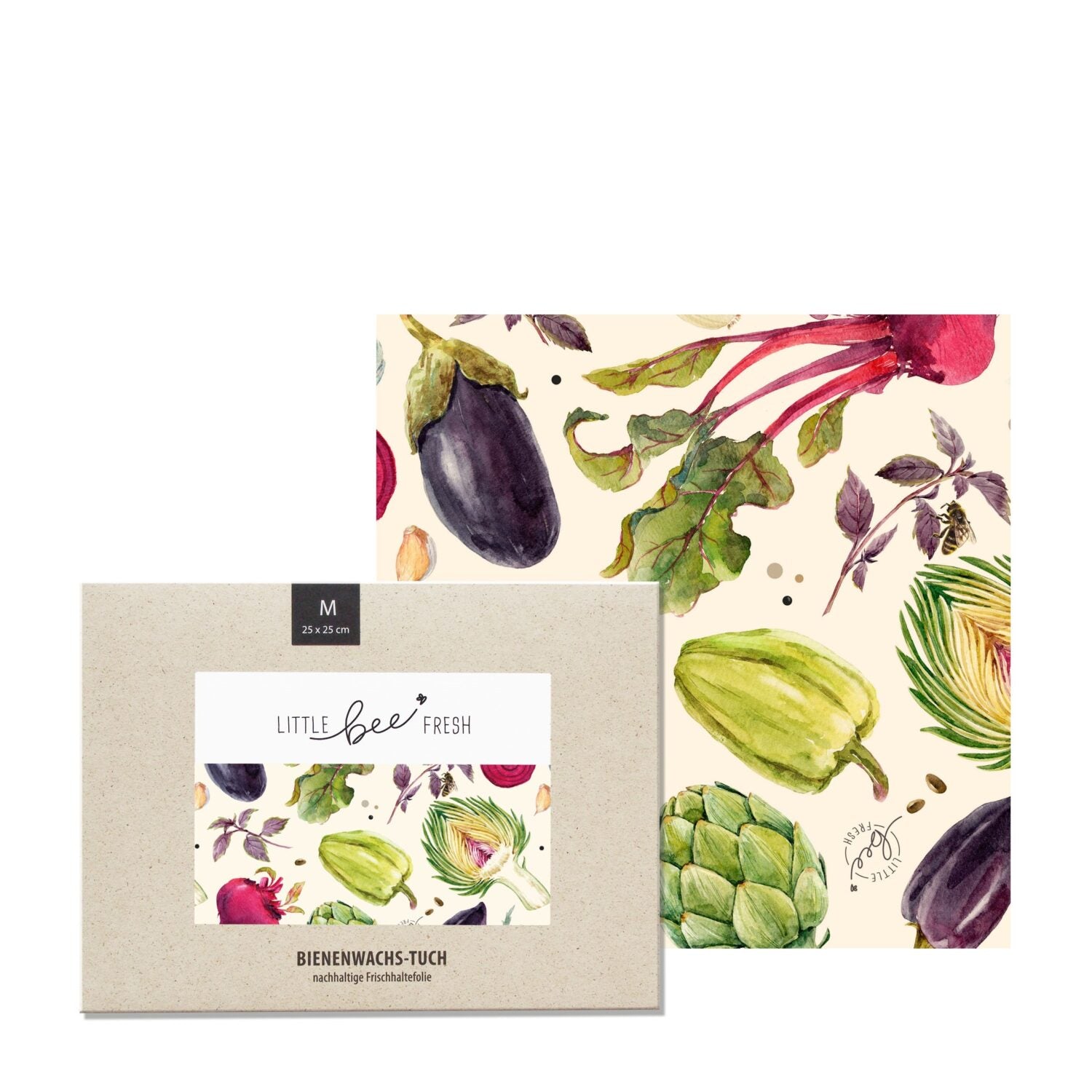 Verpackung und Tuch aus Bienenwachs mit bunten, botanischen Abbildungen von Gemüse auf cremefarbenem Hintergrund.