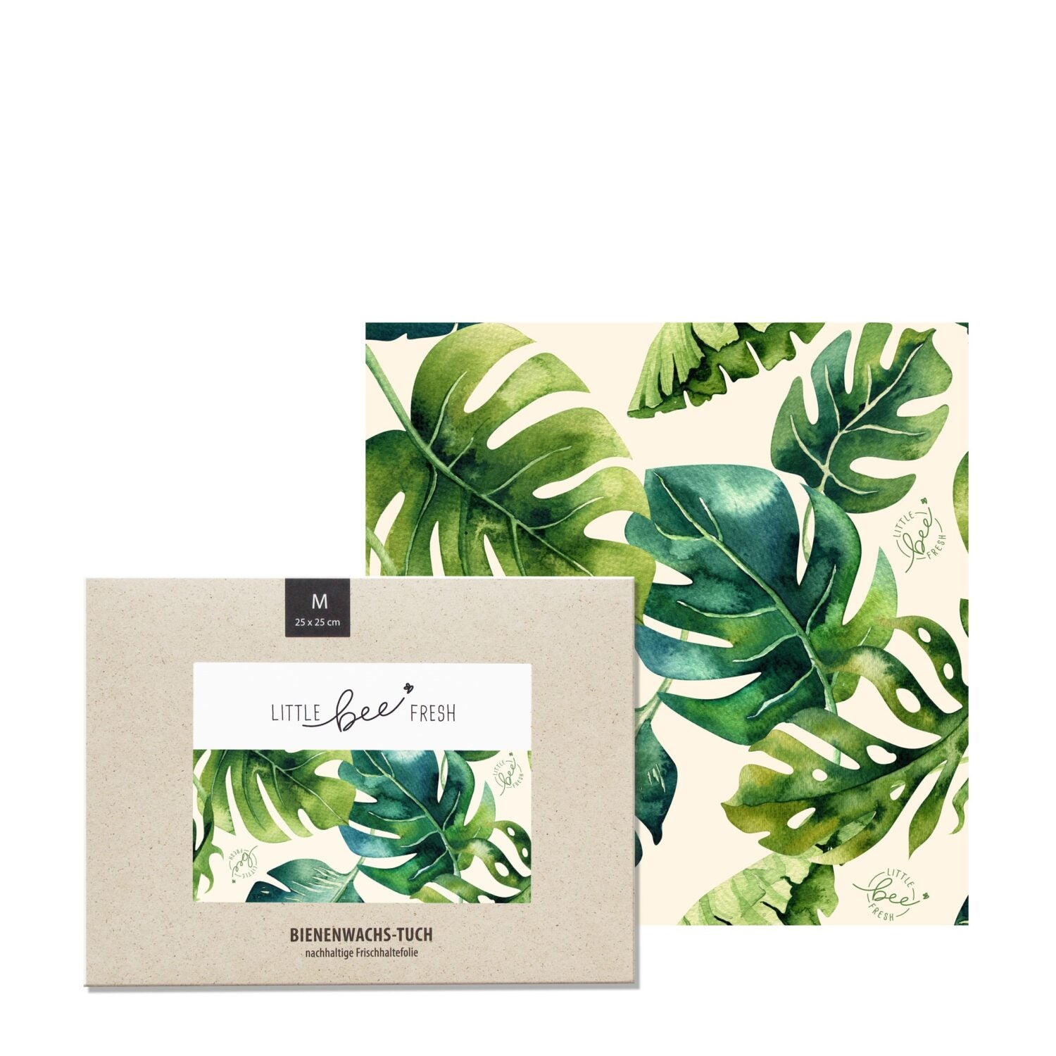 Bienenwachstuch mit tropischem Blattmuster und Schachtel mit Aufschrift "Little Bee Fresh".