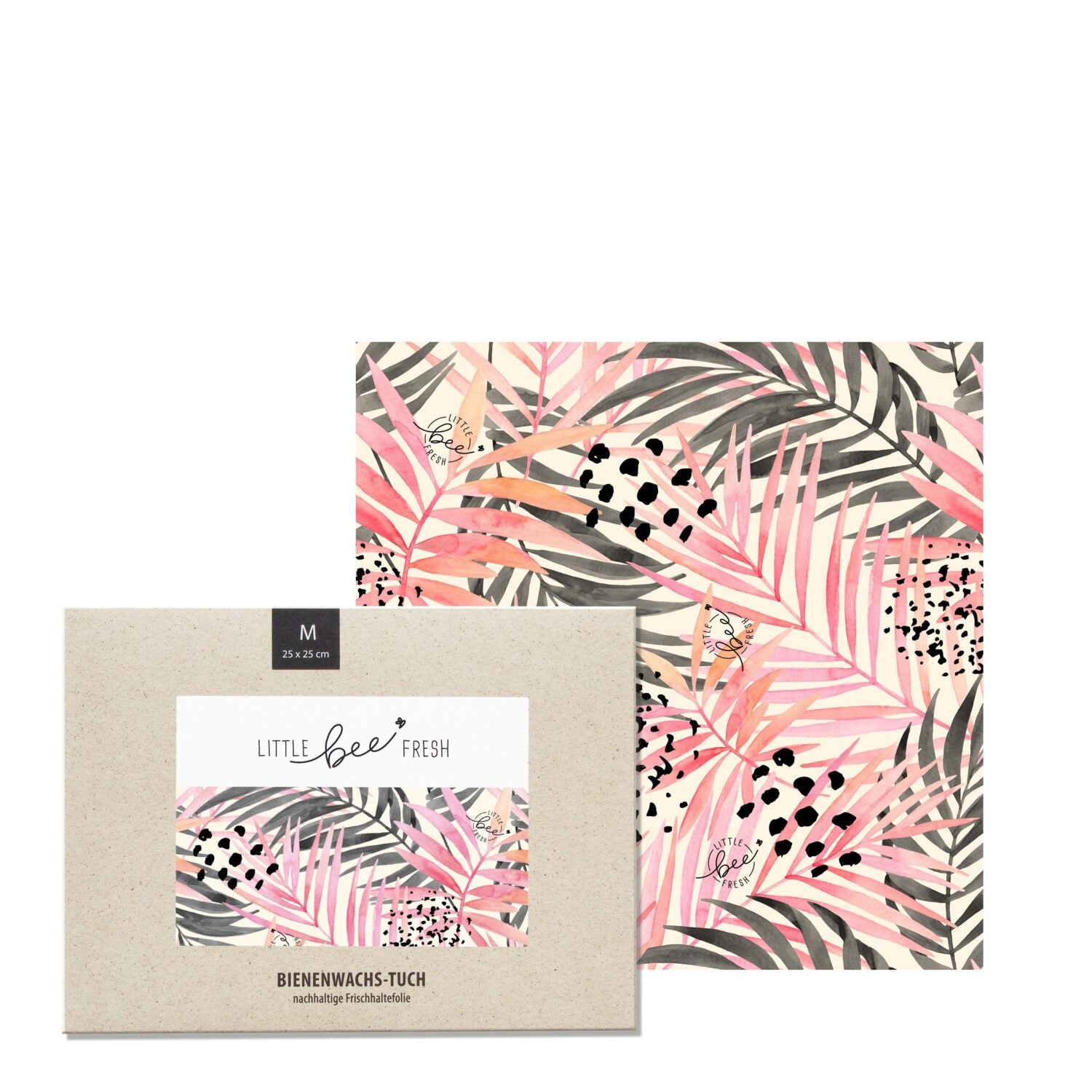 Bienenwachstuch mit buntem, tropischen Blättermuster in Rosa und Grau; verpackt auf weißem Karton.