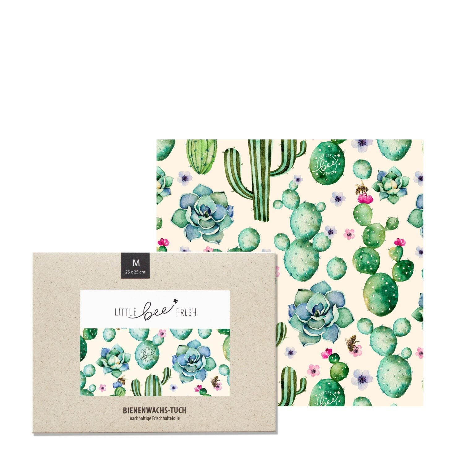 Bienenwachstuch mit Kaktus- und Sukkulentenmuster vor beigem Hintergrund, Verpackung vorne sichtbar.