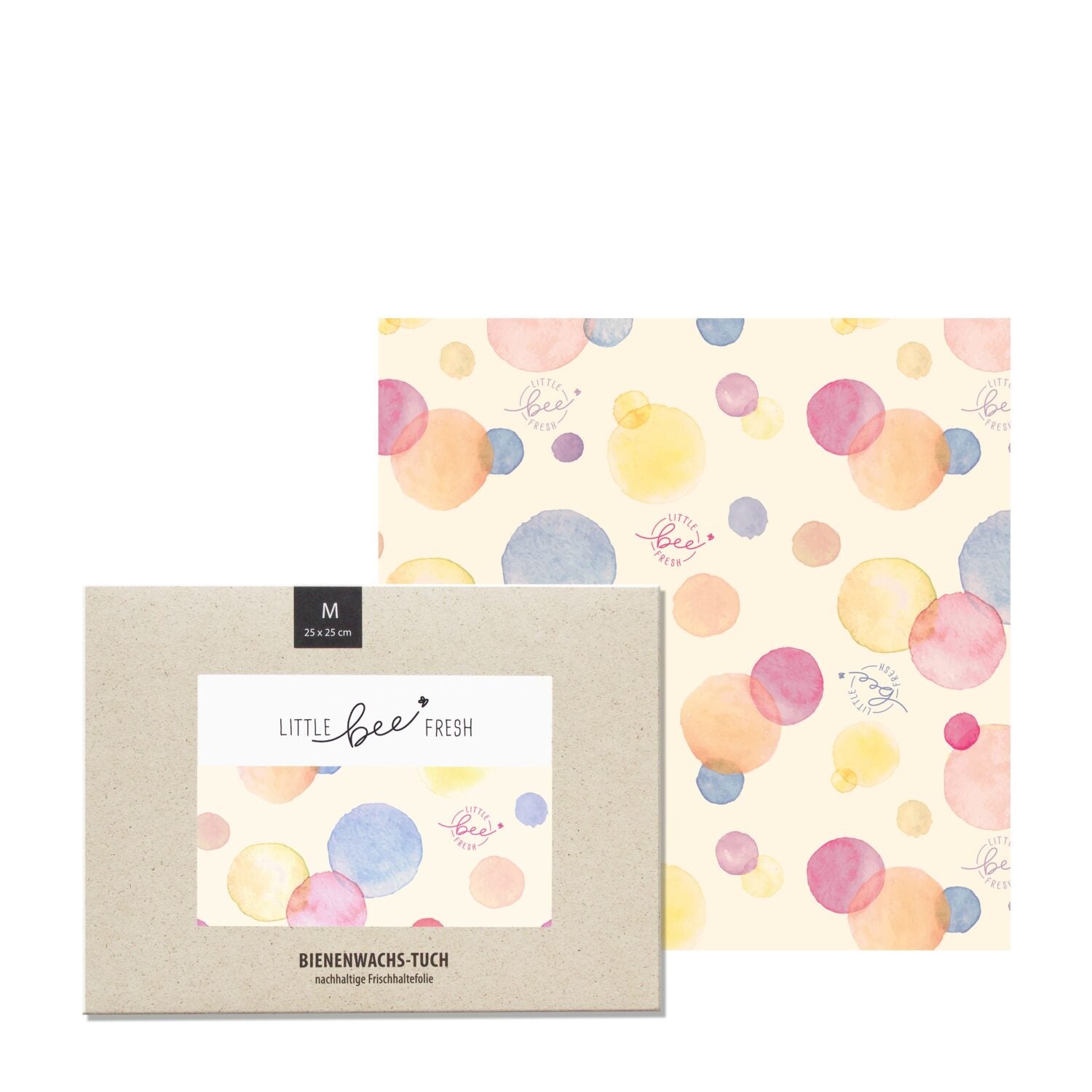 Verpacktes Bienenwachstuch mit buntem Punktmuster in Pastelltönen, das umweltfreundliche Frischhaltefolie darstellt.