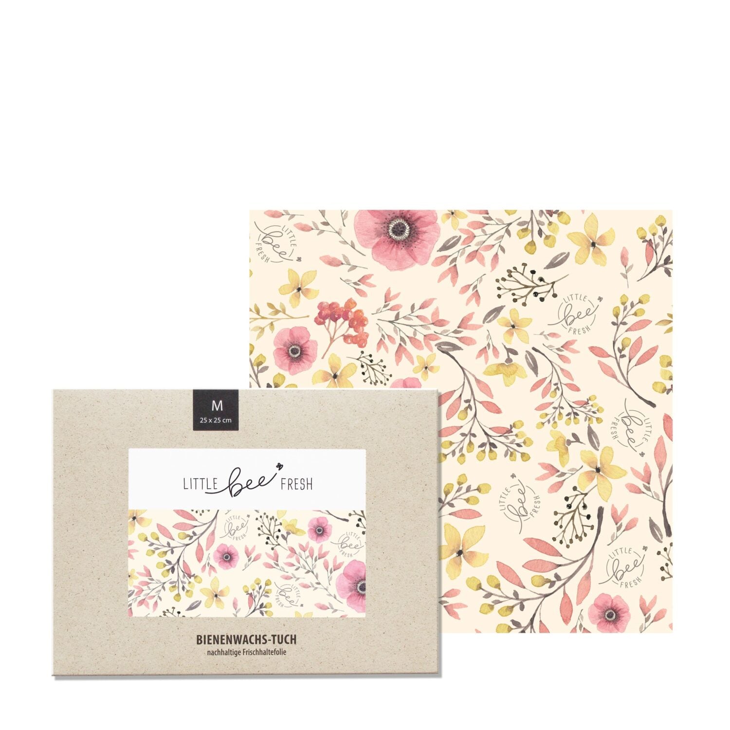 Bienenwachstuch mit buntem Blumendesign und Verpackung mit Sichtfenster, Größe M, 25x25 cm.