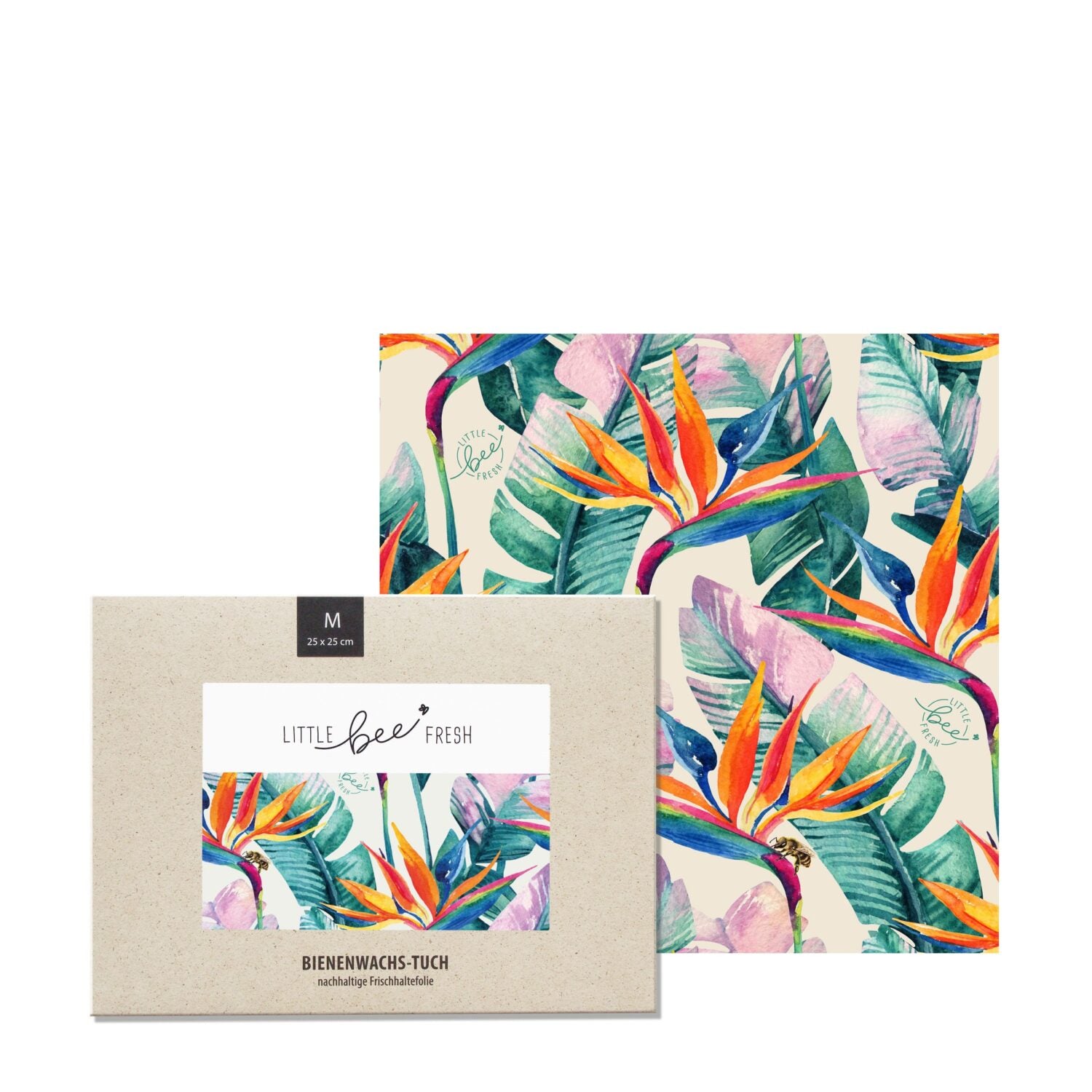 Verpackung und Bienenwachstuch mit buntem tropischem Blatt- und Blumenmuster von "Little bee fresh".