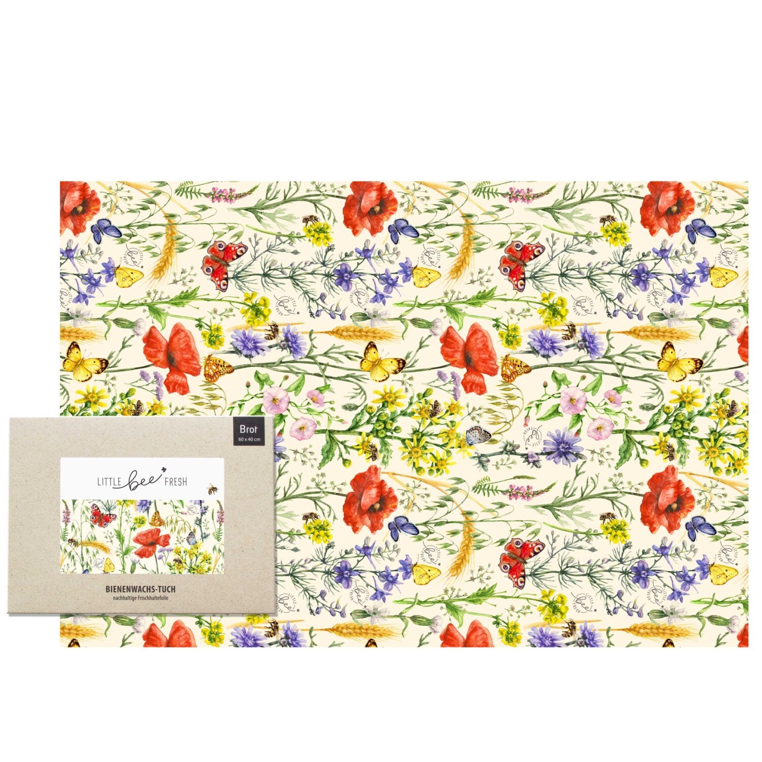 Bienenwachstuch mit buntem Blumenmuster und Verpackung von "Little Bee Fresh" sichtbar.