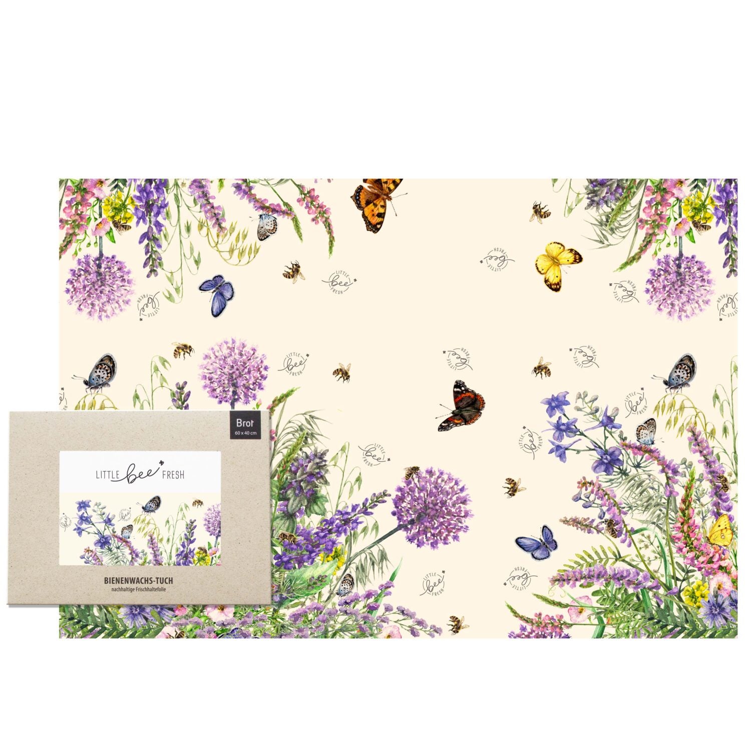 Bienenwachstuch mit blühendem Blumenmuster und Schmetterlingen in verschiedenen Farben, Verpackung unten links.