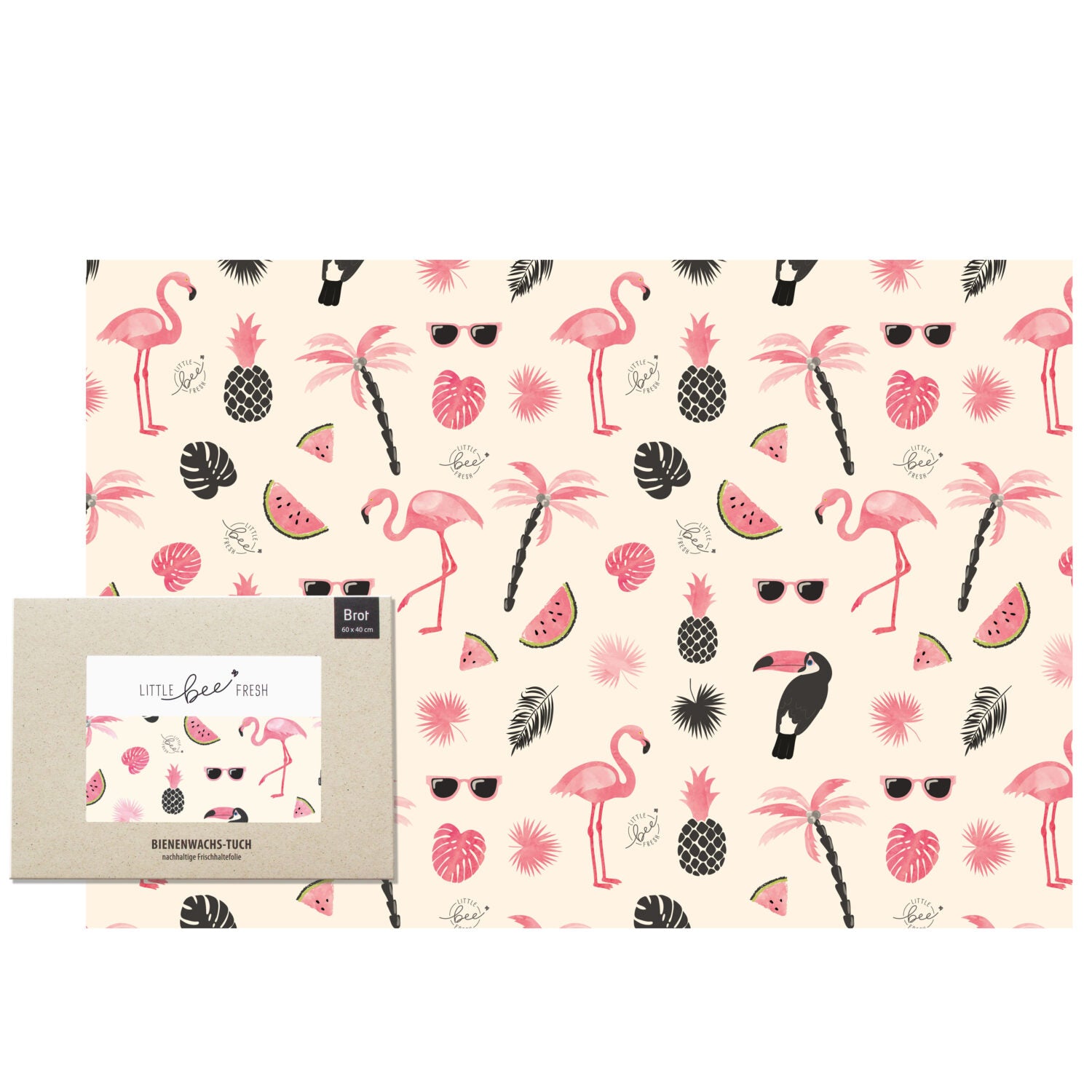 Bienenwachstuch mit Flamingos, Ananas, Wassermelonen, Palmen und Sonnenbrillen in einem tropischen Muster.
