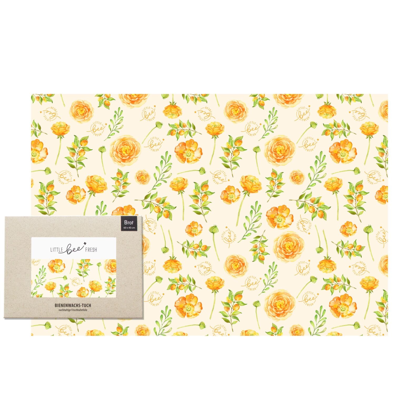 Bienenwachstuch mit gelbem Blumenmuster und Verpackung, die das Design mit Blumen wiedergibt.