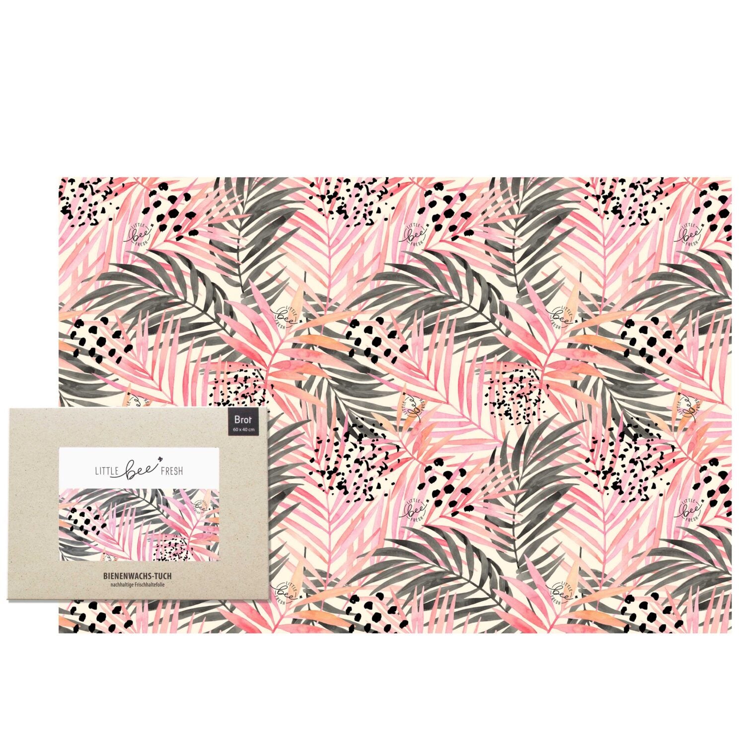 Bienenwachstuch mit rosa und grauen Palmwedel-Design, Verpackung mit Sichtfenster in der linken unteren Ecke.
