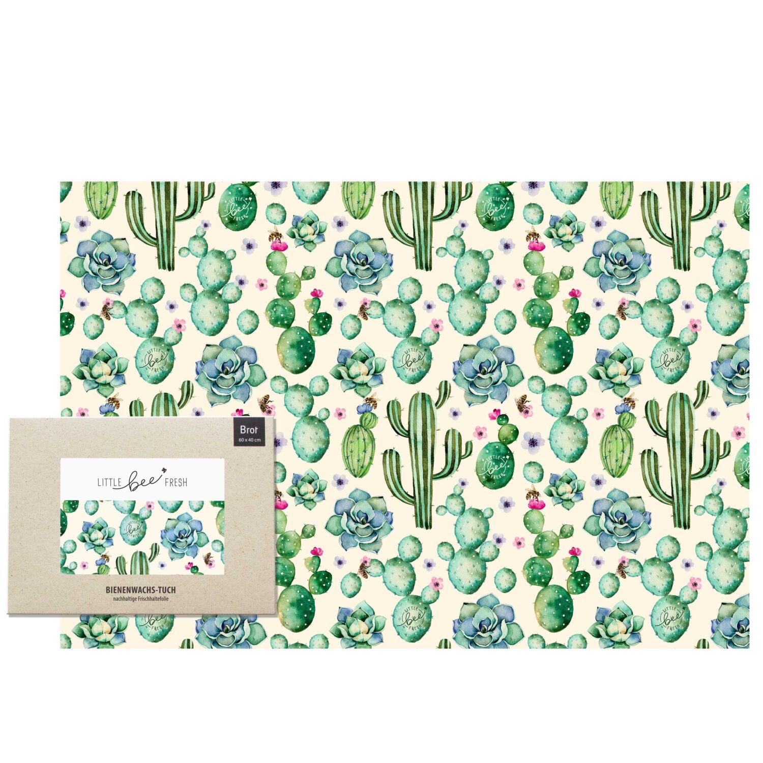 Bienenwachstuch mit buntem, botanischem Muster aus Kakteen und Sukkulenten auf hellem Hintergrund, verpackt.