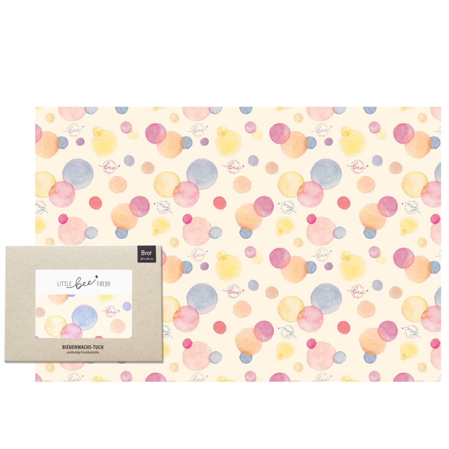 Bienenwachstuch mit buntem Kreismuster und Verpackung mit der Aufschrift "Little Bee Fresh" unten links.