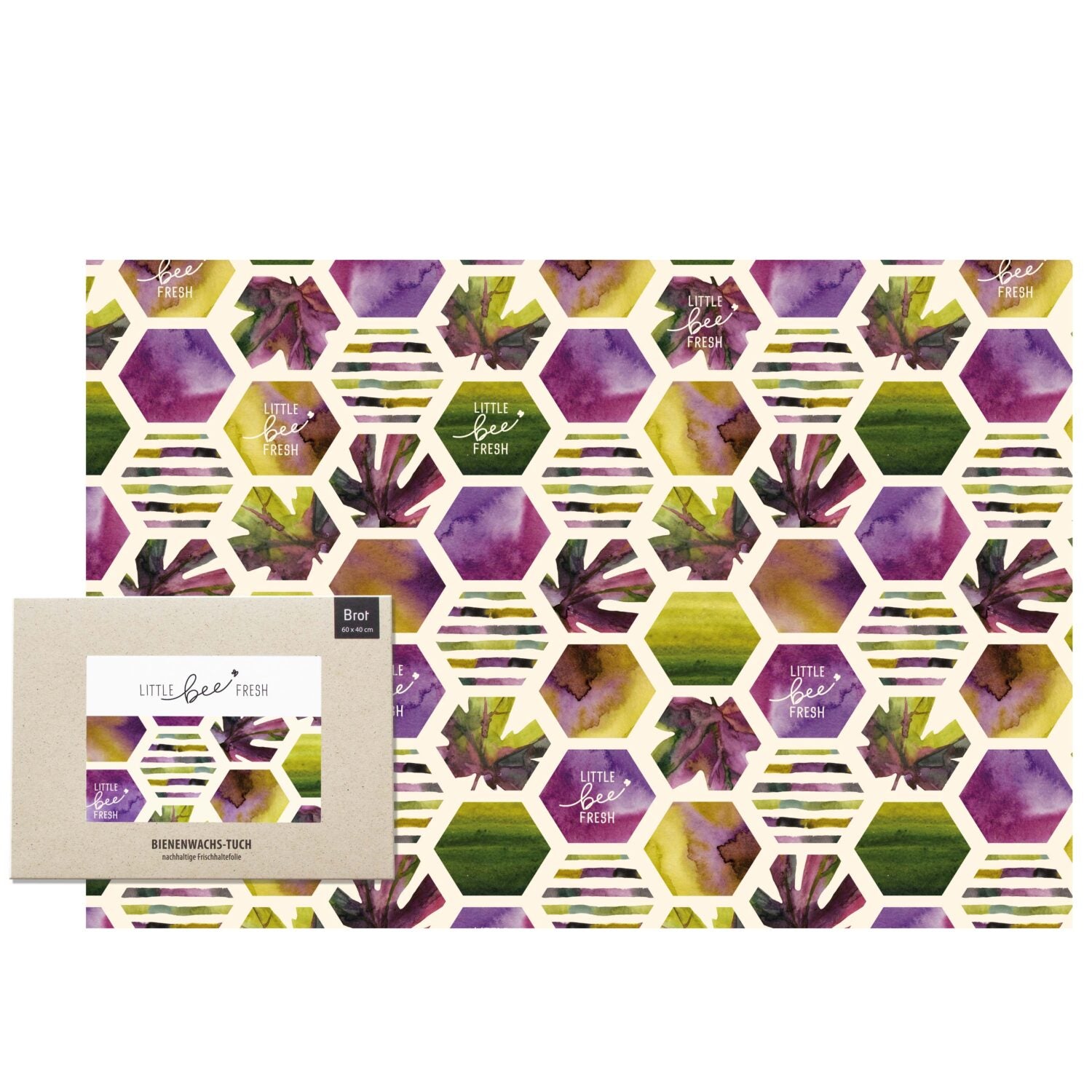 Bienenwachstuch mit buntem, hexagonalem Muster und Verpackung mit Schriftzug "Little Bee Fresh".