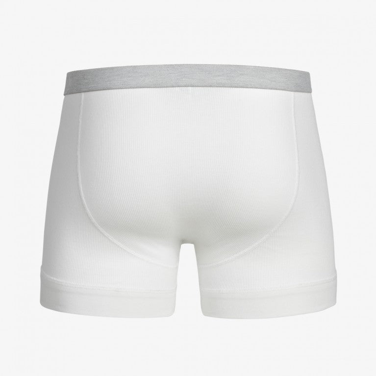 Rückseite einer weißen Boxershorts mit grauem Bund auf weißem Hintergrund.