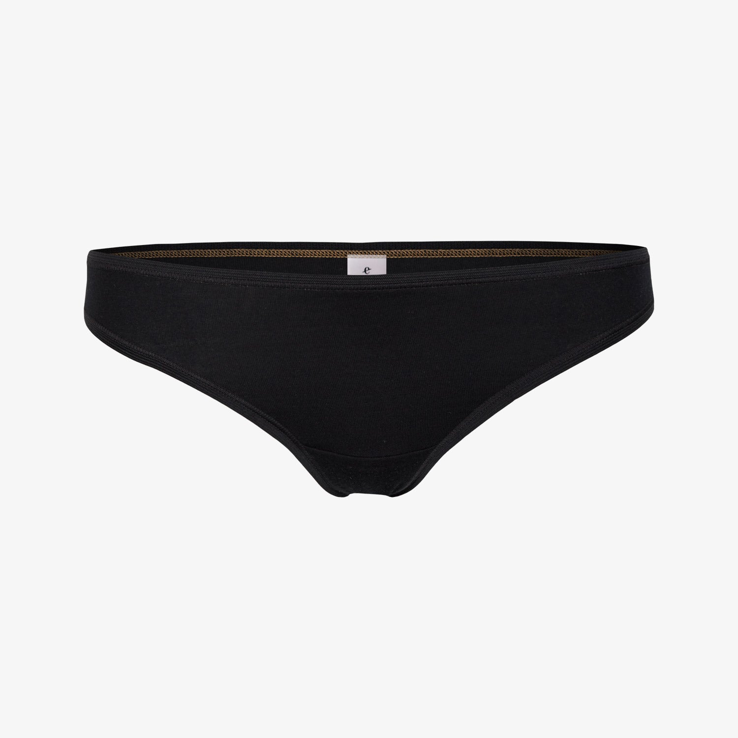 Schwarzer Damen-Slip auf weißem Hintergrund, mit kleinem Etikett vorne.