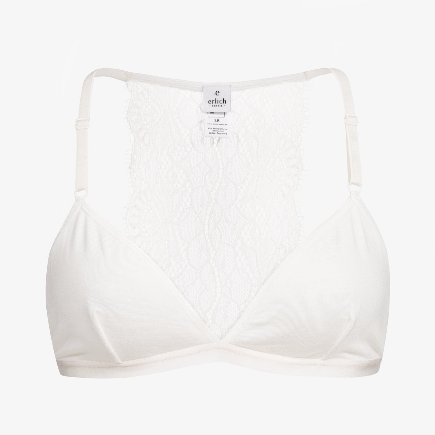 Weißer Bralette mit Spitzenrücken und verstellbaren Trägern, zeigt Etikett der Marke "erlich textil" mit Größe 38.