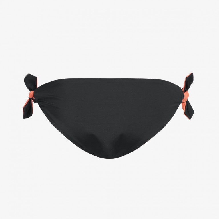 Schwarzer Bikinihöschen mit seitlichen Schleifendetails vor weißem Hintergrund.