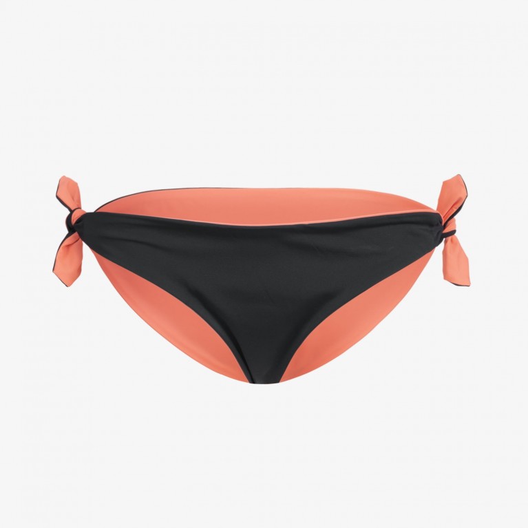 Schwarz-rosa Bikini-Hose mit seitlichen Schleifen auf weißem Hintergrund.