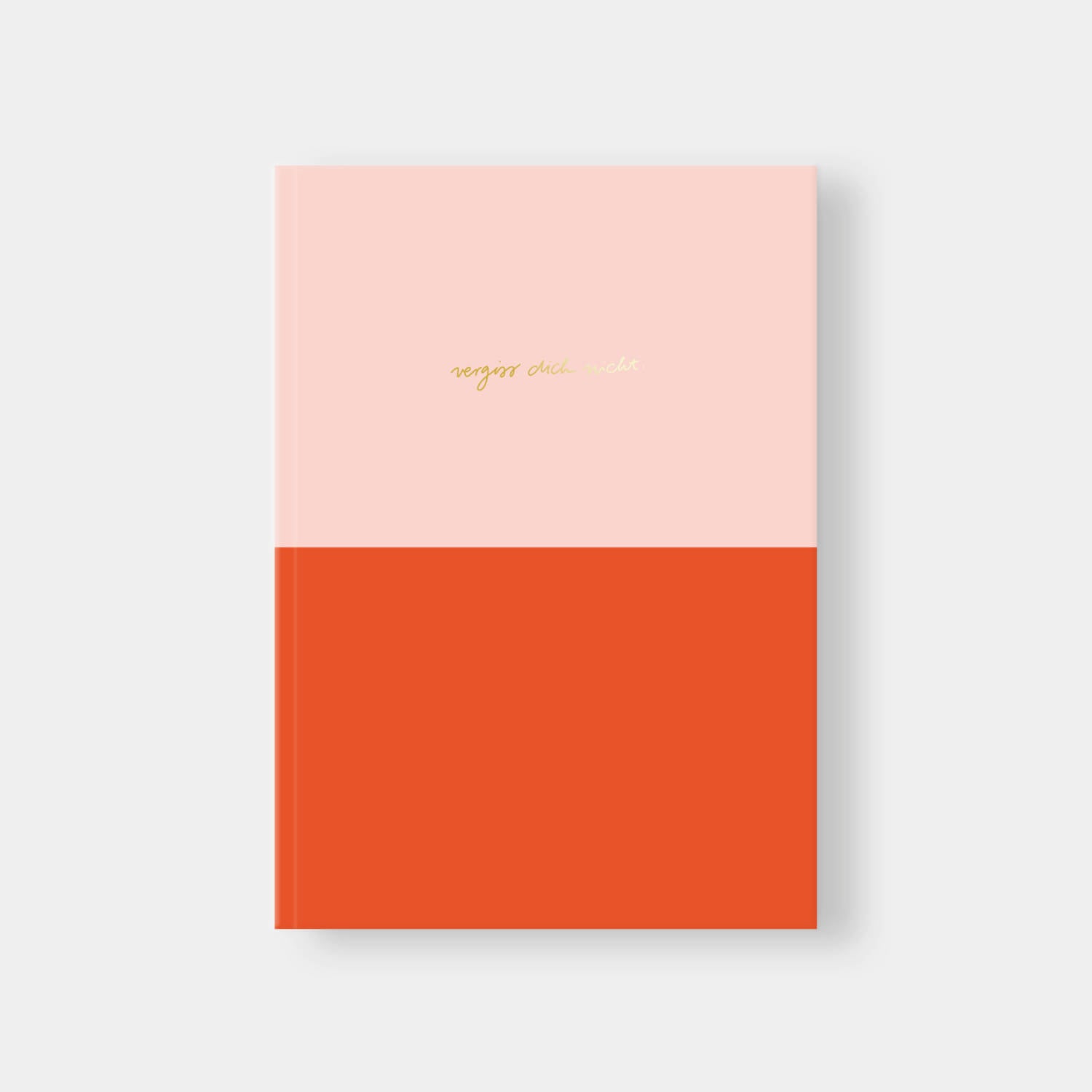 Buch mit zweifarbigem Umschlag, oben rosa und unten rot, mit goldener Schrift "vergiss dich nicht" auf dem rosa Teil.