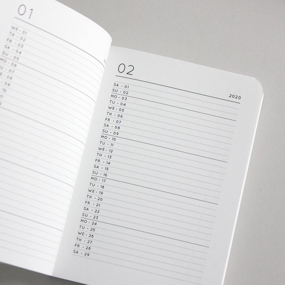 Aufgeschlagener Planer mit Kalender für Februar 2020, Tage der Woche und Datum in Spalten angeordnet.