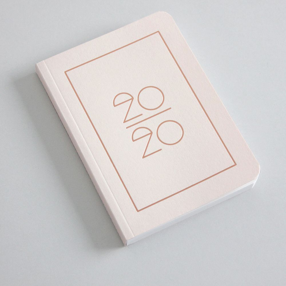 Ein hellrosa Notizbuch mit der Aufschrift "20/20" auf dem Cover liegt auf einer grauen Oberfläche.