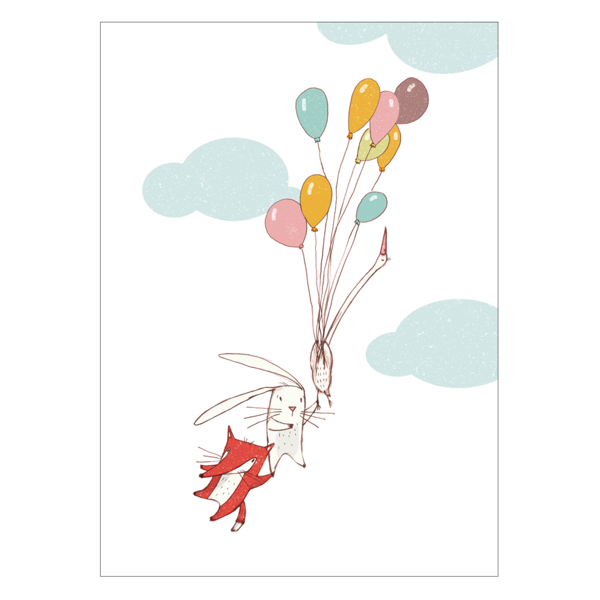 Ein Hase und ein Fuchs fliegen mit vielen bunten Luftballons durch den Himmel, umgeben von Wolken.