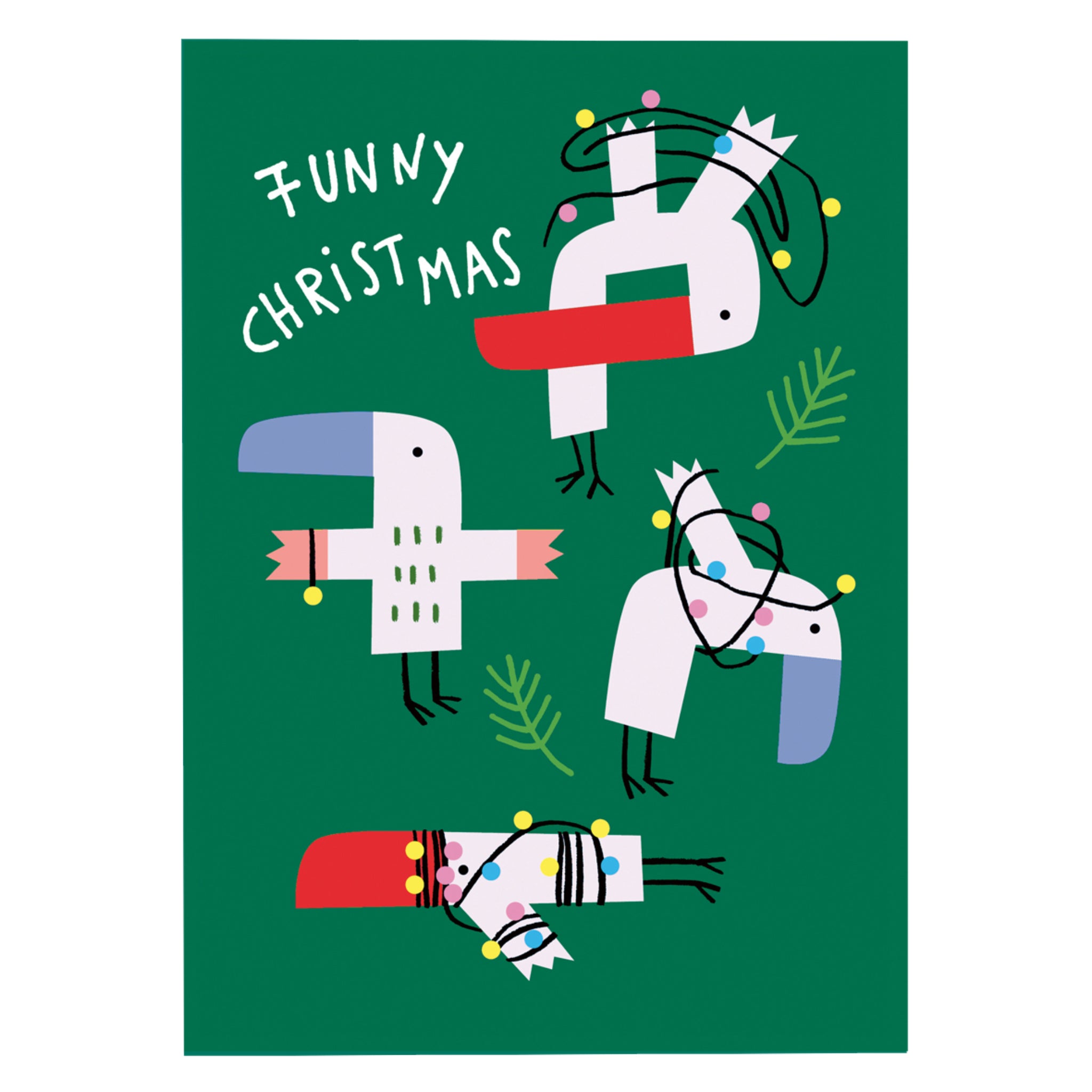 Illustration von abstrakten Vögeln in Weihnachtsthema auf grünem Hintergrund mit dem Text "Funny Christmas".