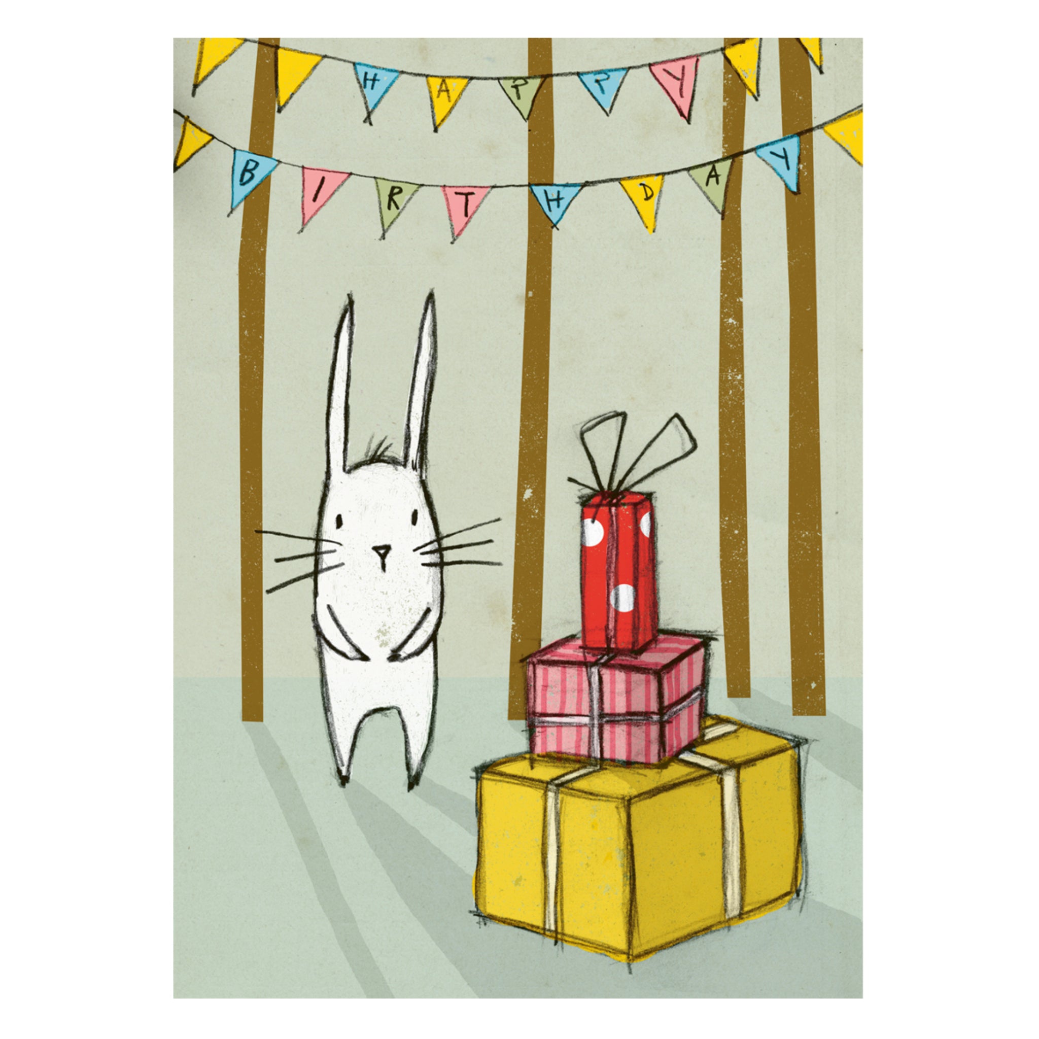 Ein gezeichneter Hase steht neben drei Geschenken vor einer "Happy Birthday"-Girlande im Wald.