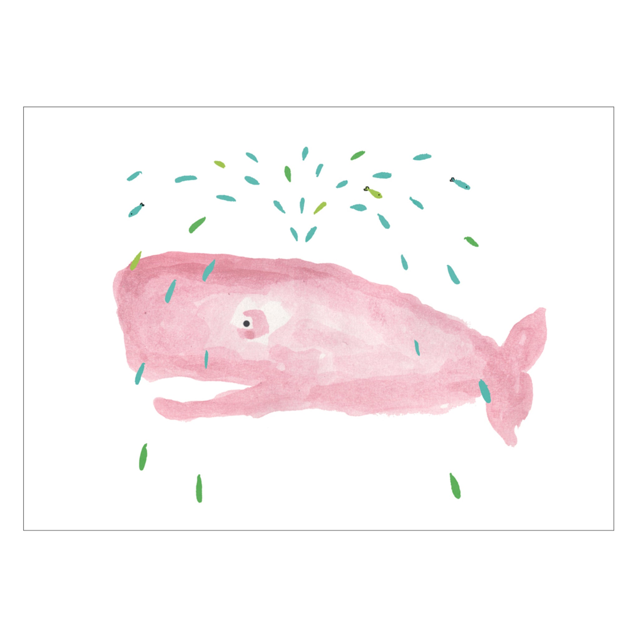 Aquarell eines rosa Wals mit blauen und grünen Spritzern auf weißem Hintergrund.