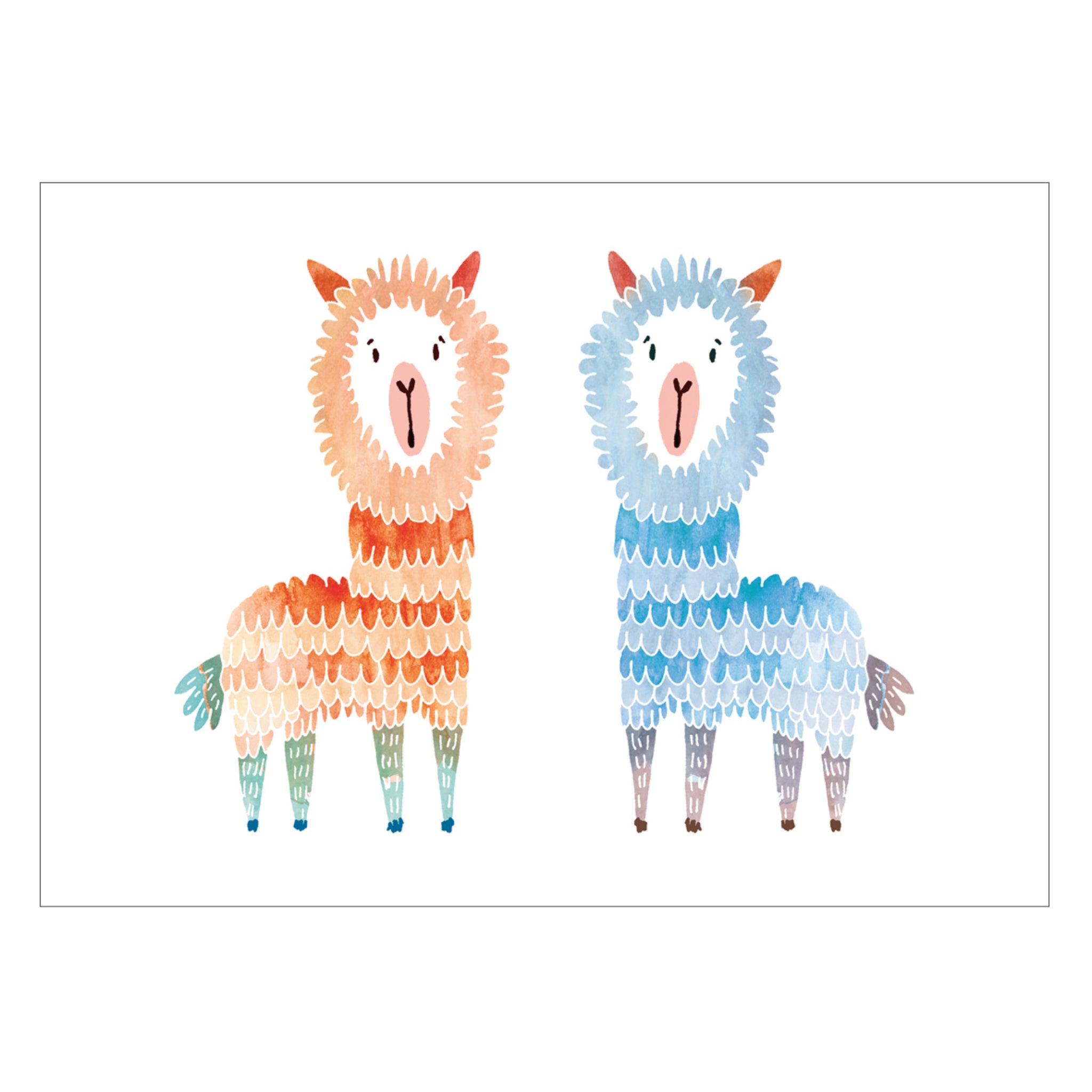 Zwei bunte, stilisierte Lamas, eines in Orange und das andere in Blau, auf weißem Hintergrund gezeichnet.