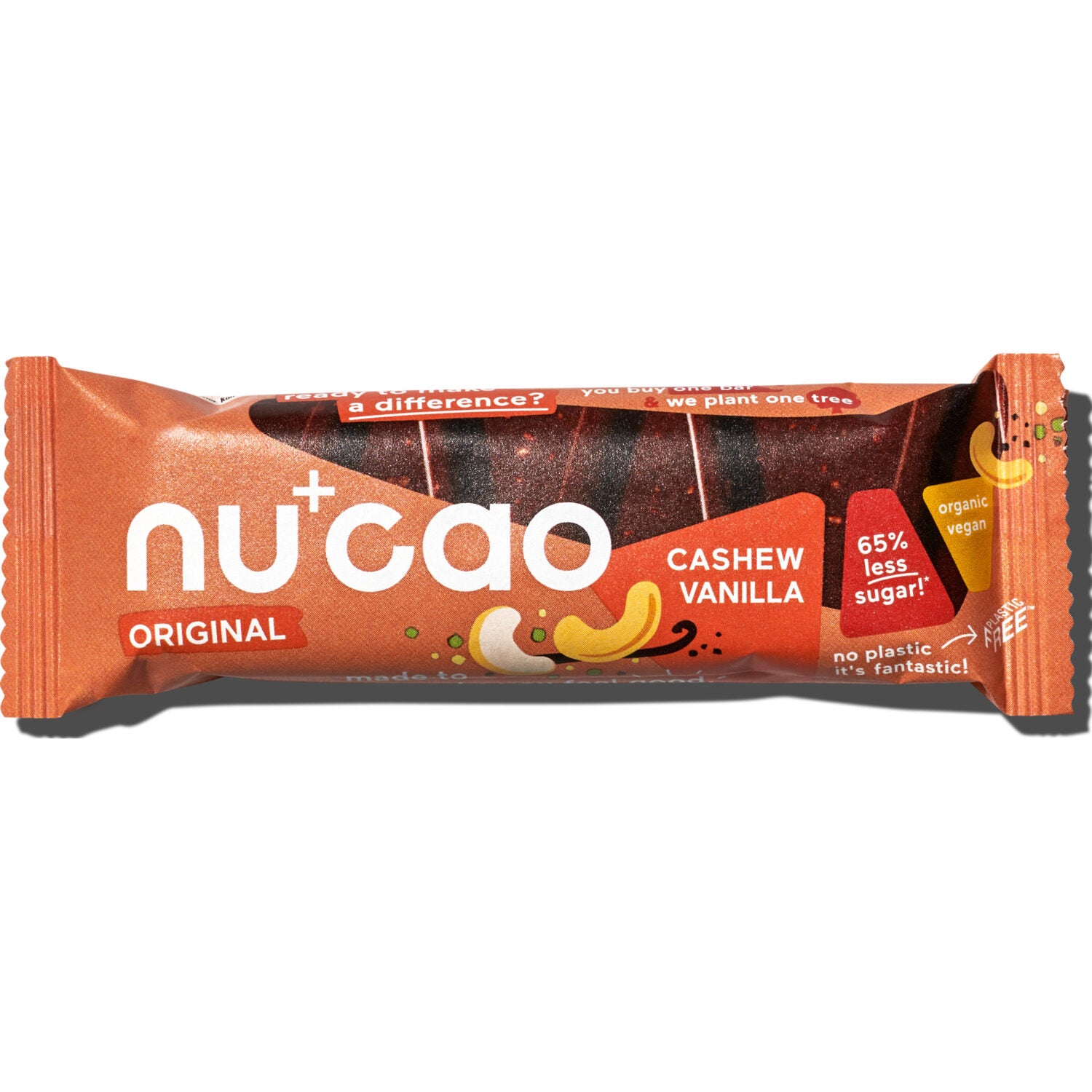 Nucao-Riegel "Cashew Vanilla" mit der Aufschrift "65% weniger Zucker", "Bio", "Vegan" und "plastikfrei".