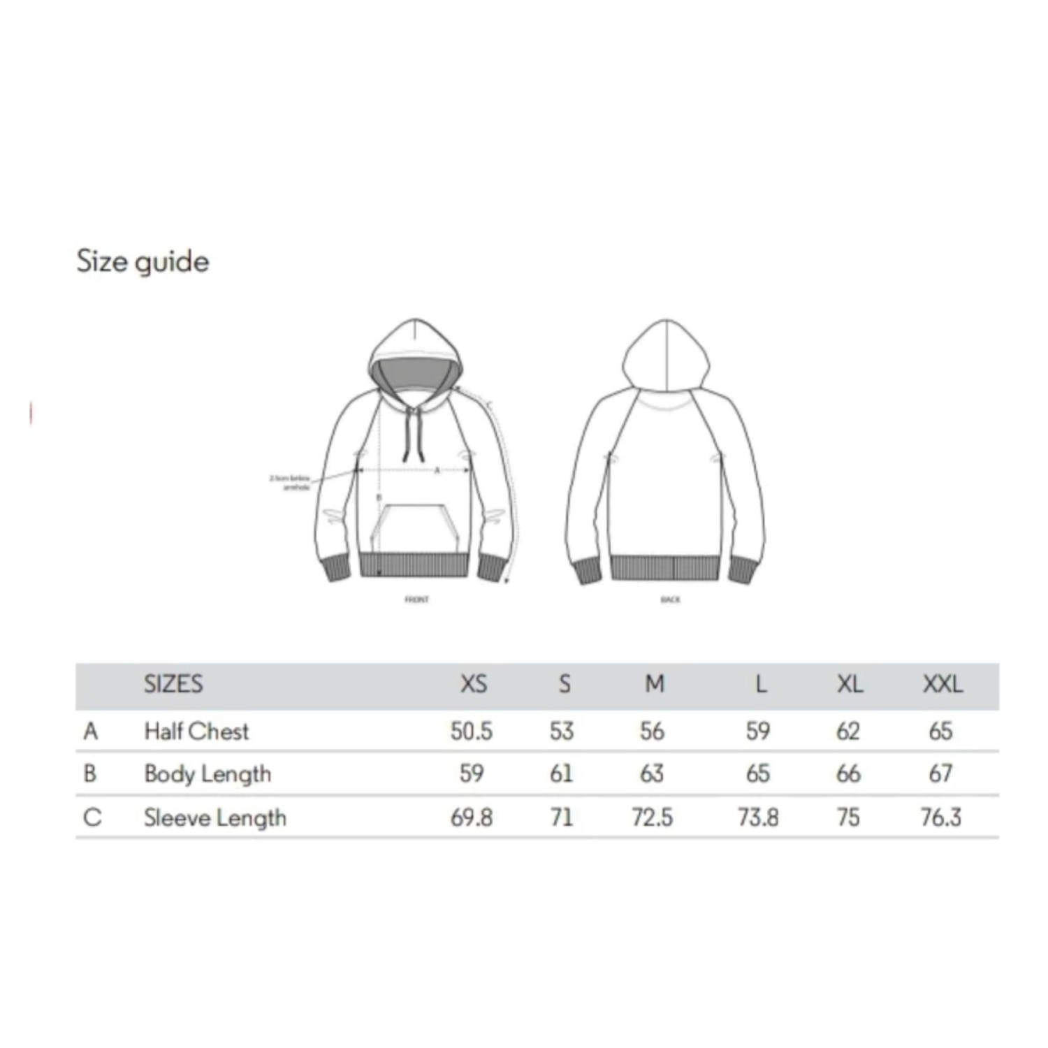 Größentabelle eines Hoodies, zeigt Maße für Brust, Körperlänge und Ärmellänge von XS bis XXL.