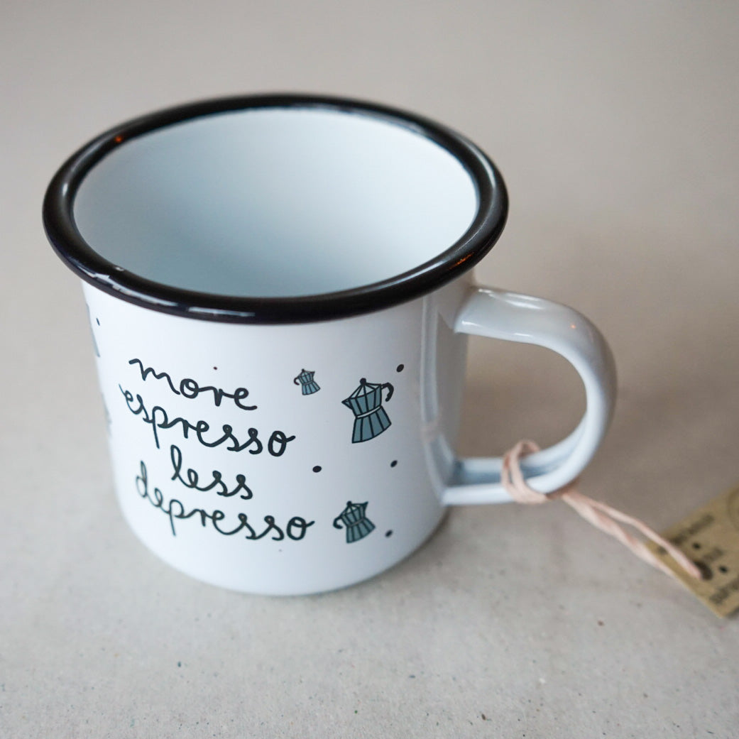 OhRuby Emaille Tasse "more espresso less depresso"