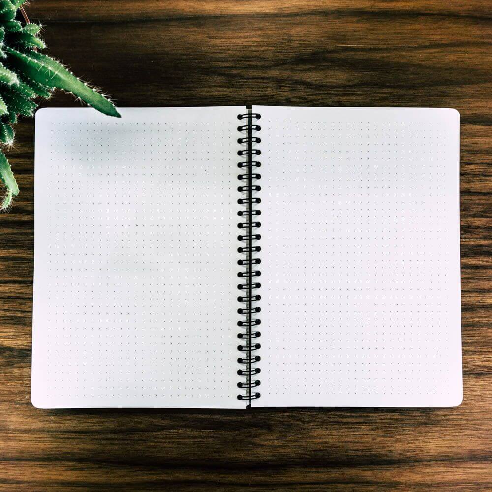 Ein offenes, gepunktetes Notizbuch liegt auf einem Holztisch, neben einem grünen Kaktus.