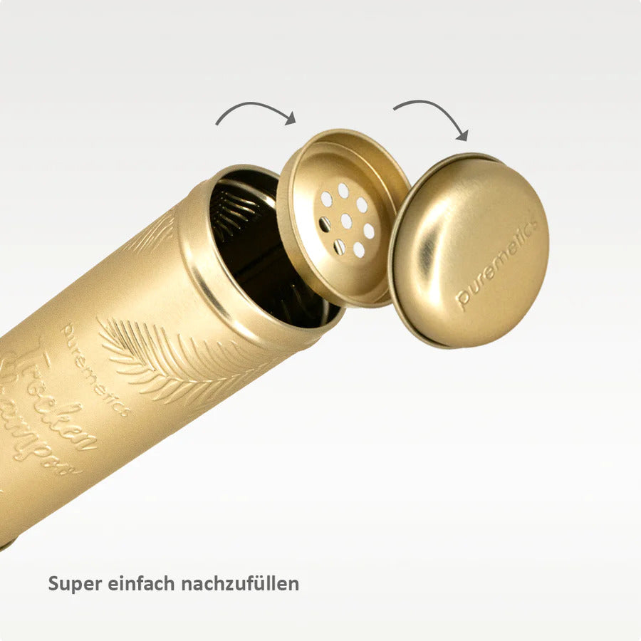 puremetics Trockenshampoo Streuer Weißblech Matt-Gold_2