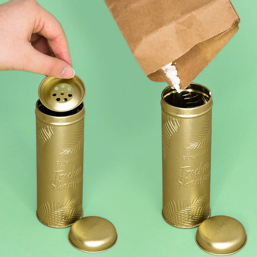 puremetics Trockenshampoo Streuer Weißblech Matt-Gold_4