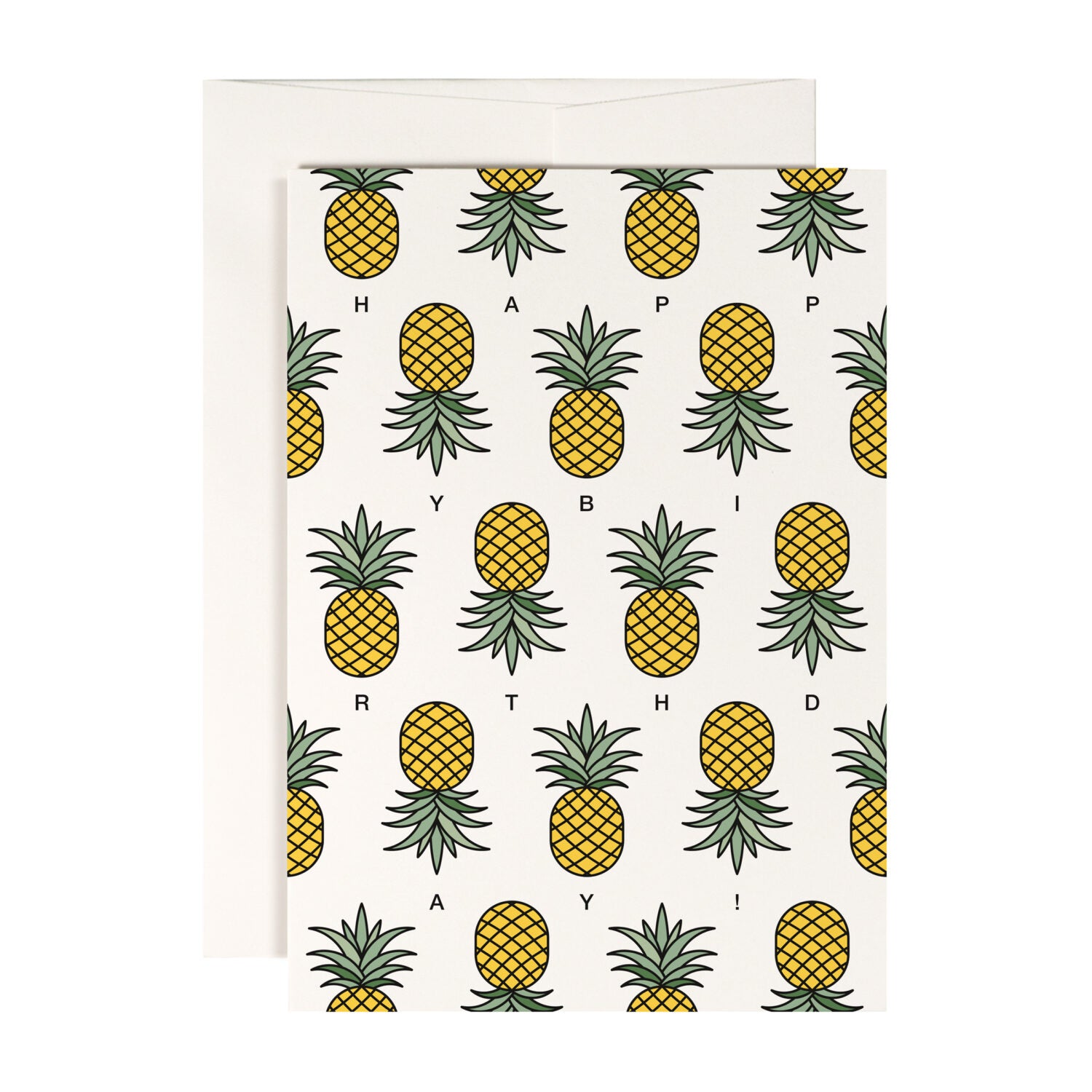 Glückwunschkarte mit Ananas-Muster und dem Text "HAPPY BIRTHDAY" in stilisierten Buchstaben zwischen den Früchten.