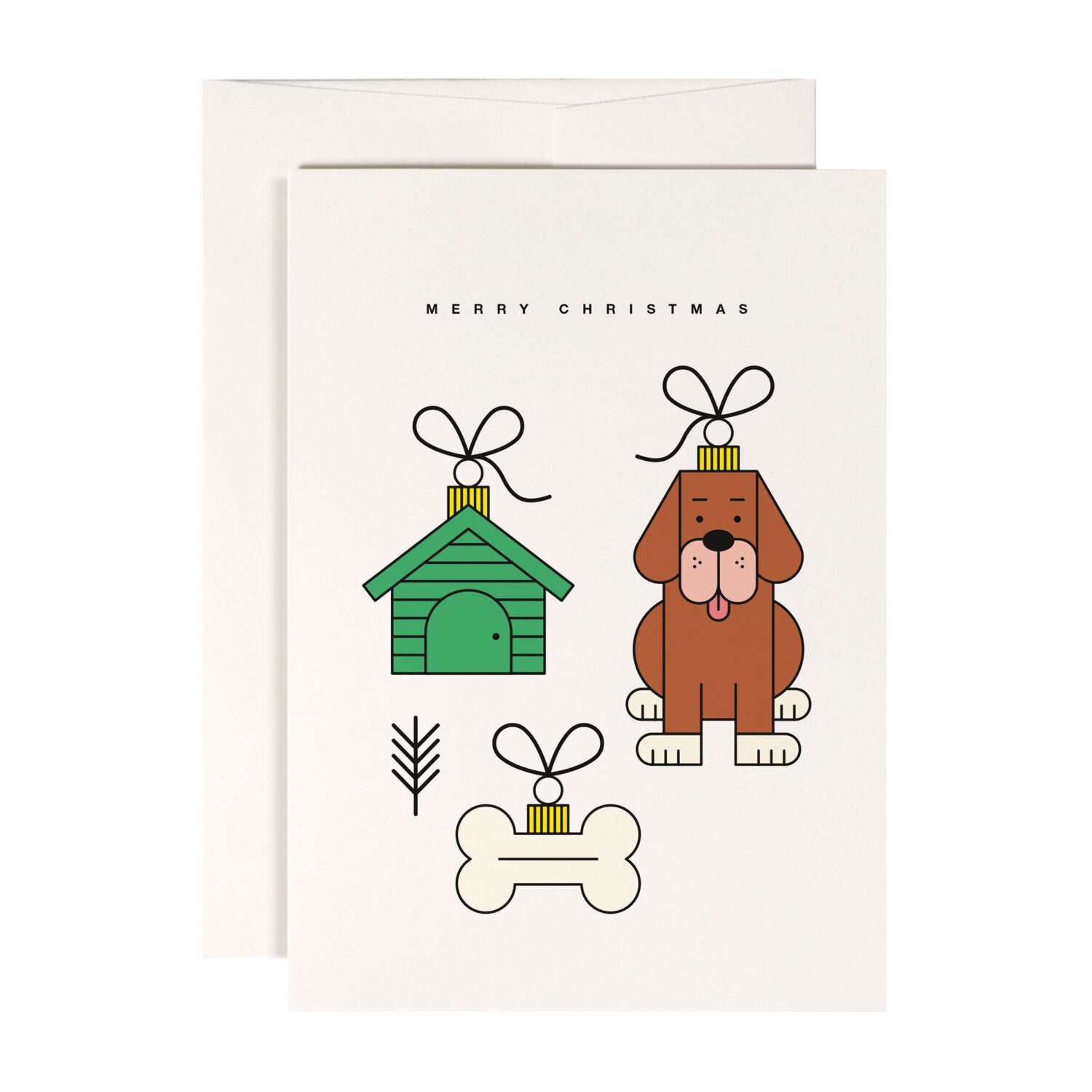 Weihnachtskarte mit Hund, Hundehütte und Knochen als Christbaumkugeln, mit "Merry Christmas"-Schriftzug.