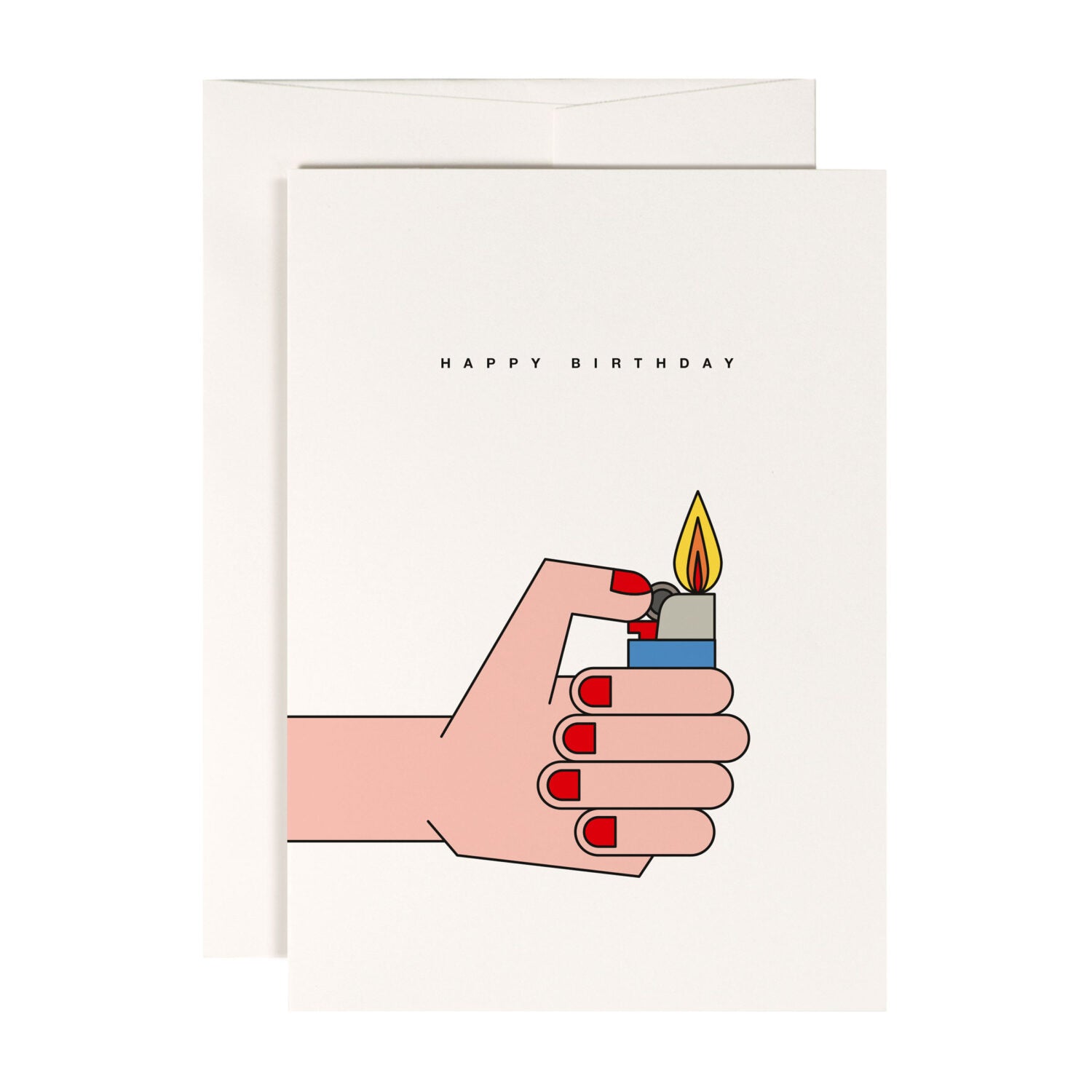 Illustration einer Hand mit roten Nägeln, die ein brennendes Feuerzeug hält, auf einer Karte mit "Happy Birthday".