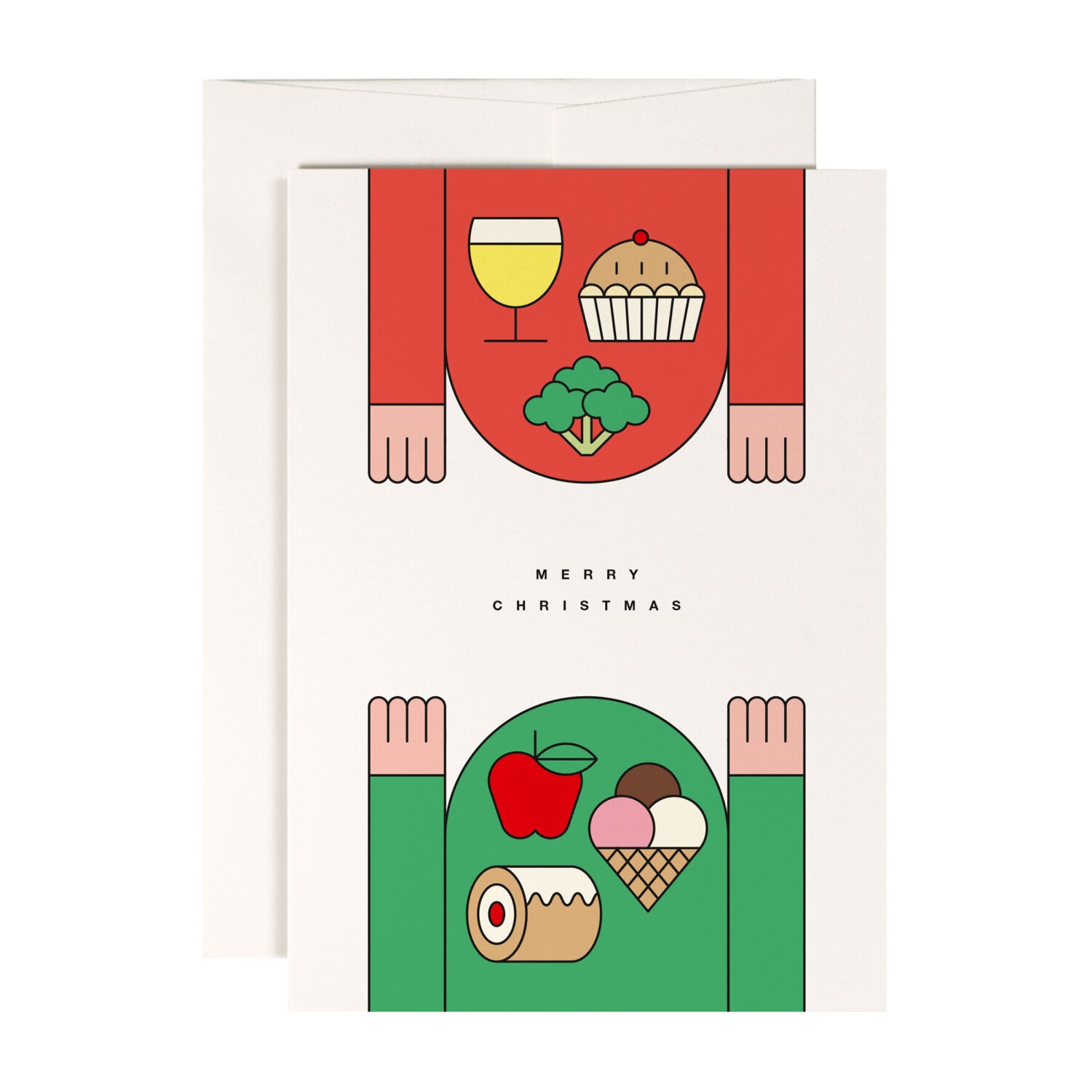 Weihnachtliche Grußkarte mit minimalistischen Illustrationen von Essen und dem Text "Merry Christmas".