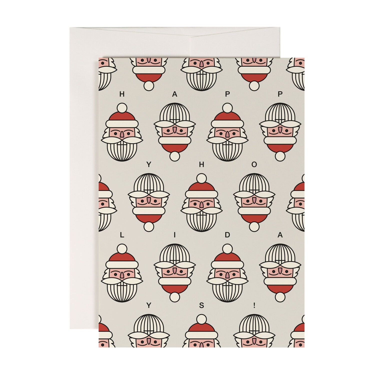 Weihnachtskarte mit wiederholtem Muster von gezeichneten Weihnachtsmännern und dem Text "HAPPY HOLIDAYS".