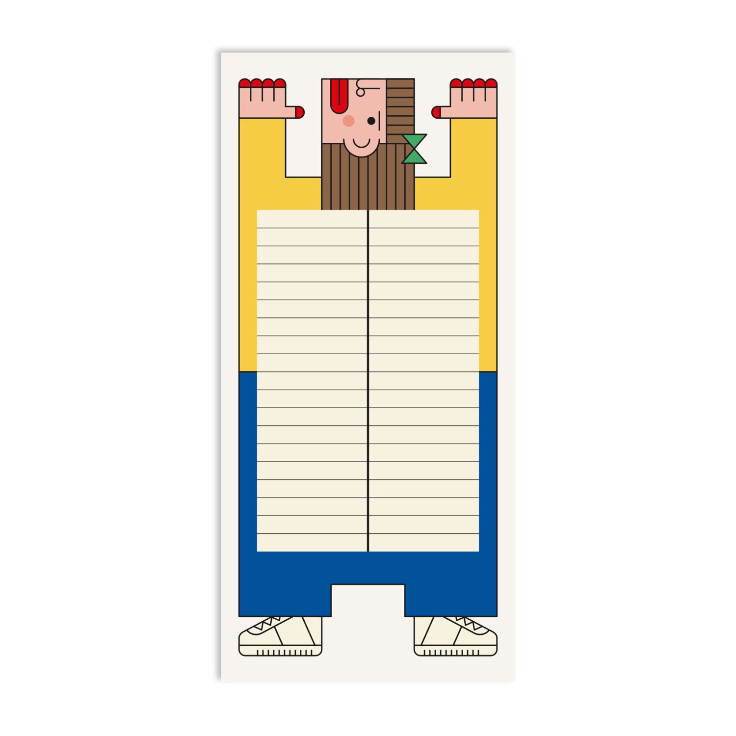 Illustration eines blockförmigen Charakters mit einem Notizblock als Körper und einem fröhlichen Gesicht oben.