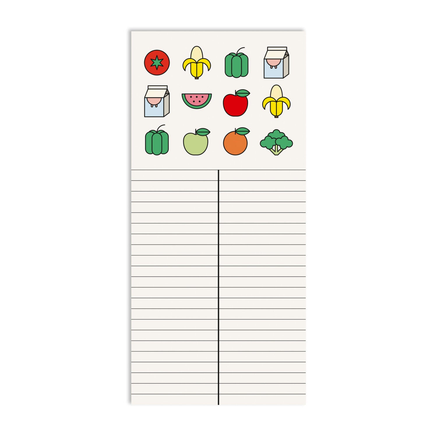 Ein Notizblock mit Icons von Obst und Gemüse oben, darunter zwei Spalten mit Linien zum Schreiben.