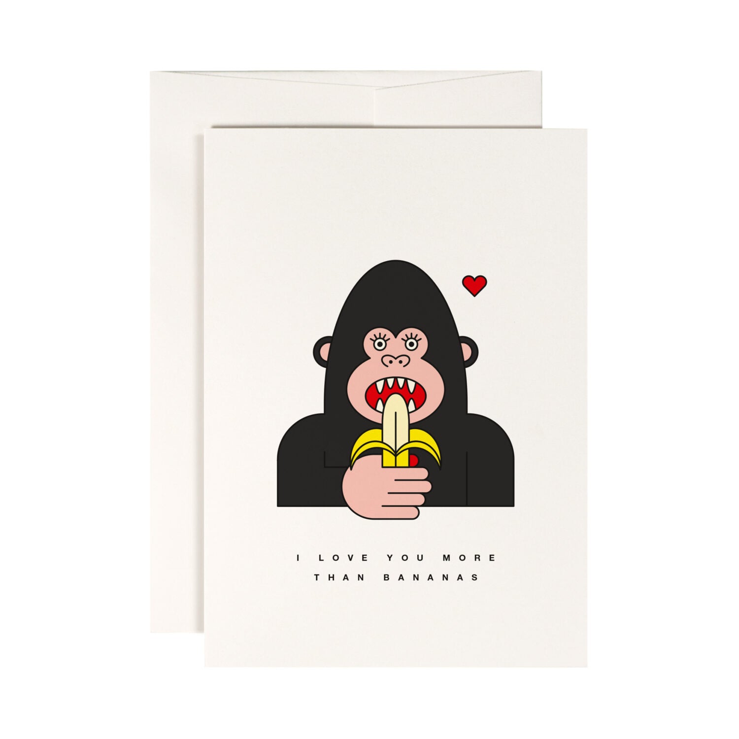 Kartendesign mit Affe, der Banane hält, daneben ein rotes Herz. Text unten: "I love you more than bananas".
